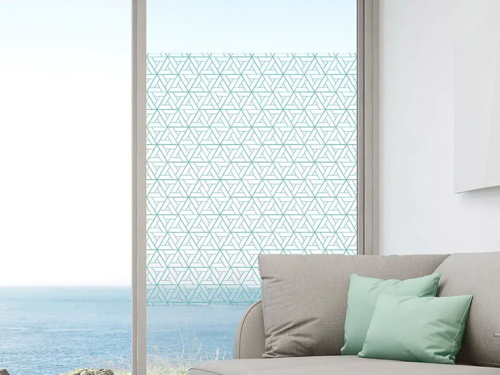 Folie geam autoadezivă Turquoise Triangles, Folina, transparenta cu model turcoaz, 122 cm lăţime