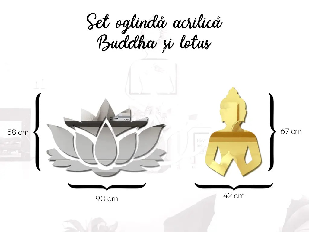 Set oglindă Buddha și lotus, aurie și argintie, 90x120 cm