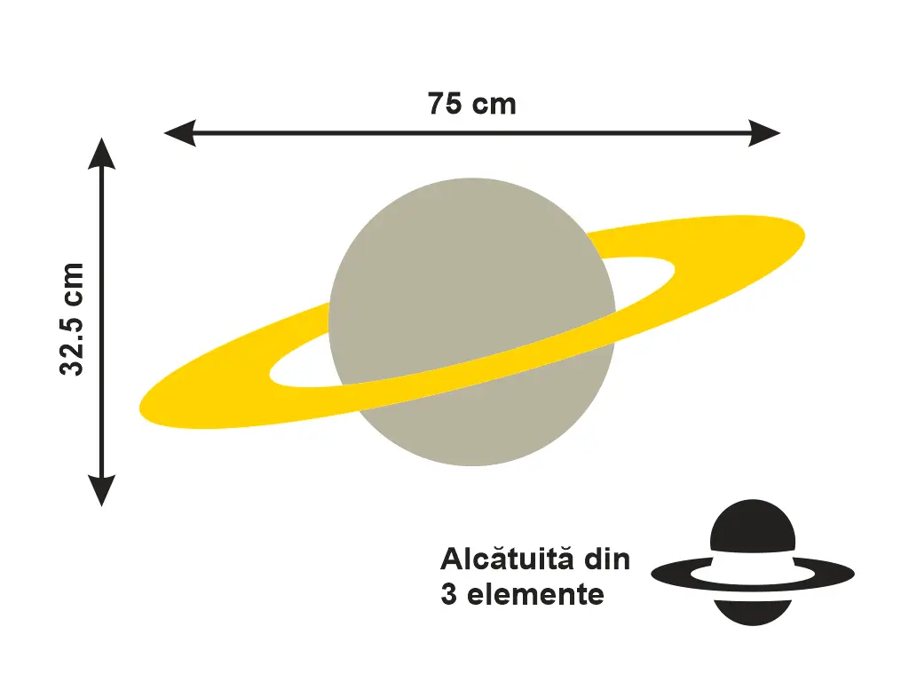 Decoraţiune perete din oglindă acrilică Saturn, dimensiuni de 75x32 cm