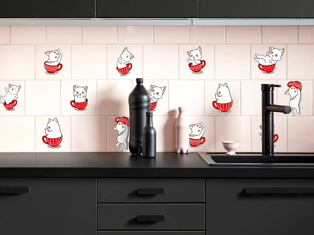 Set 16 stickere faianţă bucătărie, Folina, model pisicuţe, roşii