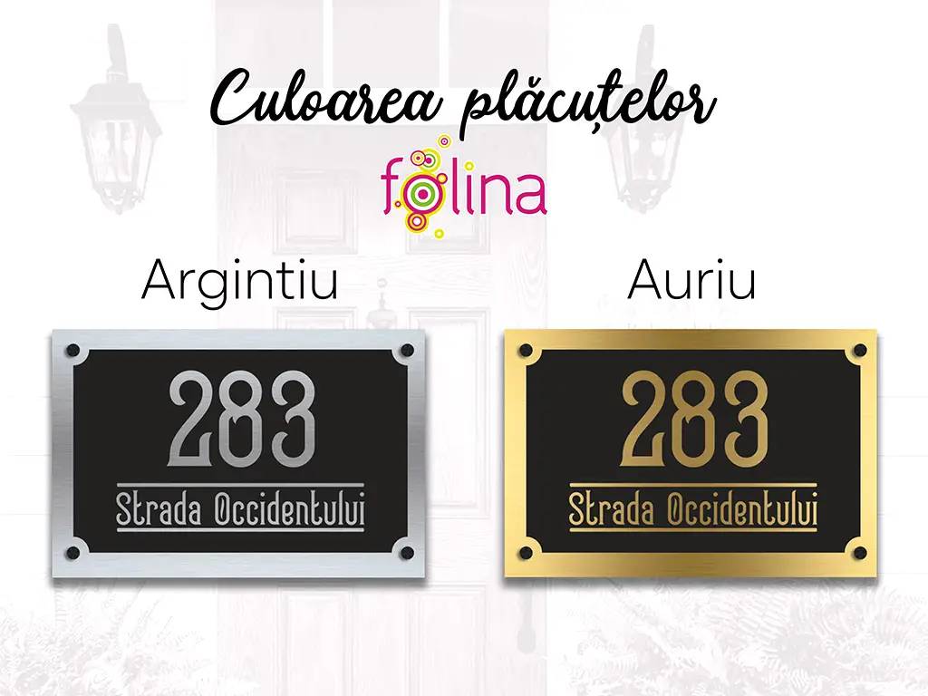 Plăcuţă adresă model contemporan, din bond argintiu sau auriu, cu text personalizat