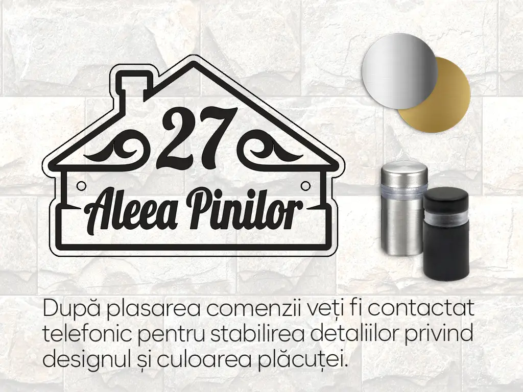 Plăcuţă adresă model Rustic, din bond argintiu mat, cu text personalizat prin gravare