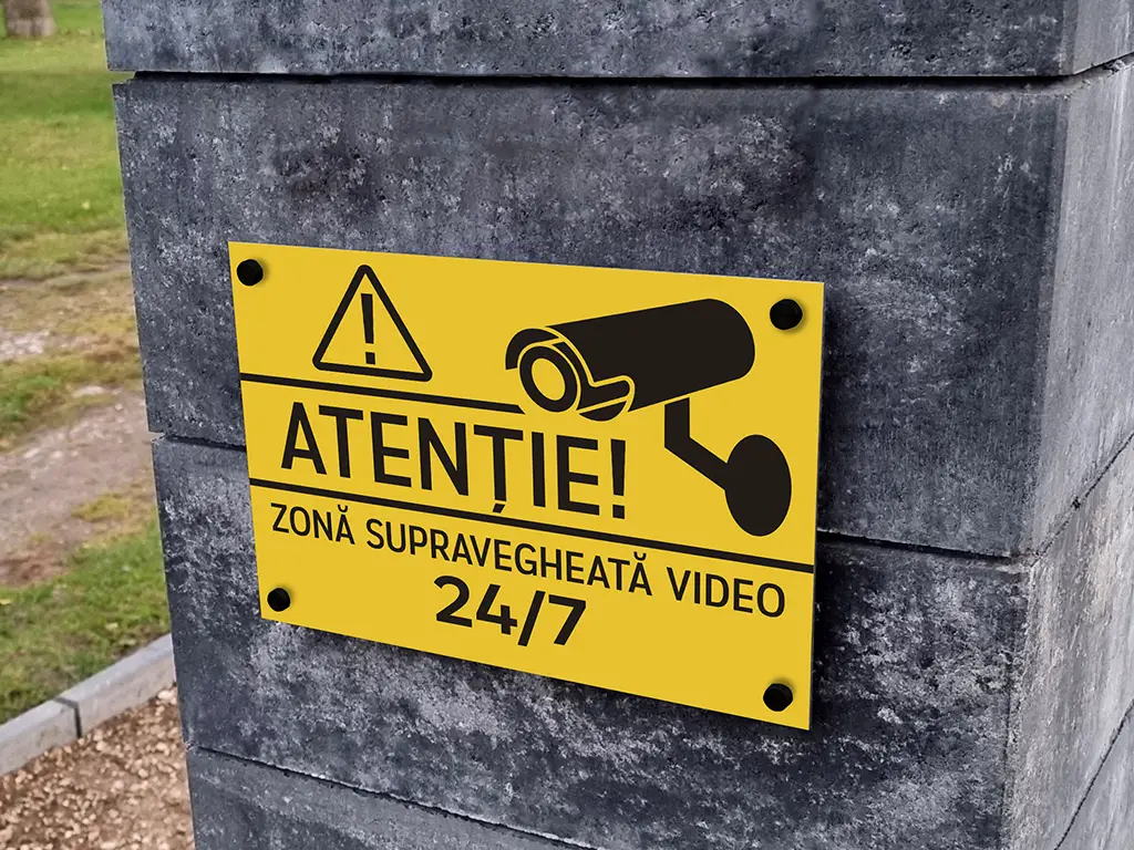 Plăcuță din acril gravată atenționare zonă supravegheată video, distanțiere incluse