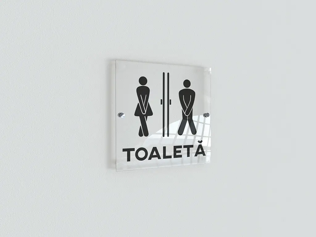 Plăcuță indicatoare pentru toaletă, din acril transparent, dimensiune 20x20 cm, distanțiere incluse