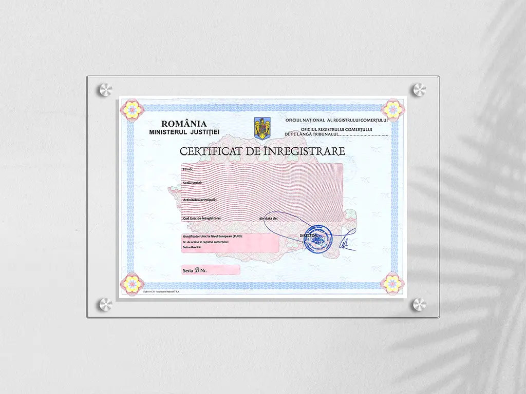 Plăcuță personalizată cu Certificatul de înregistrare pentru firme, din acril transparent, 35x25 cm, distanțiere incluse