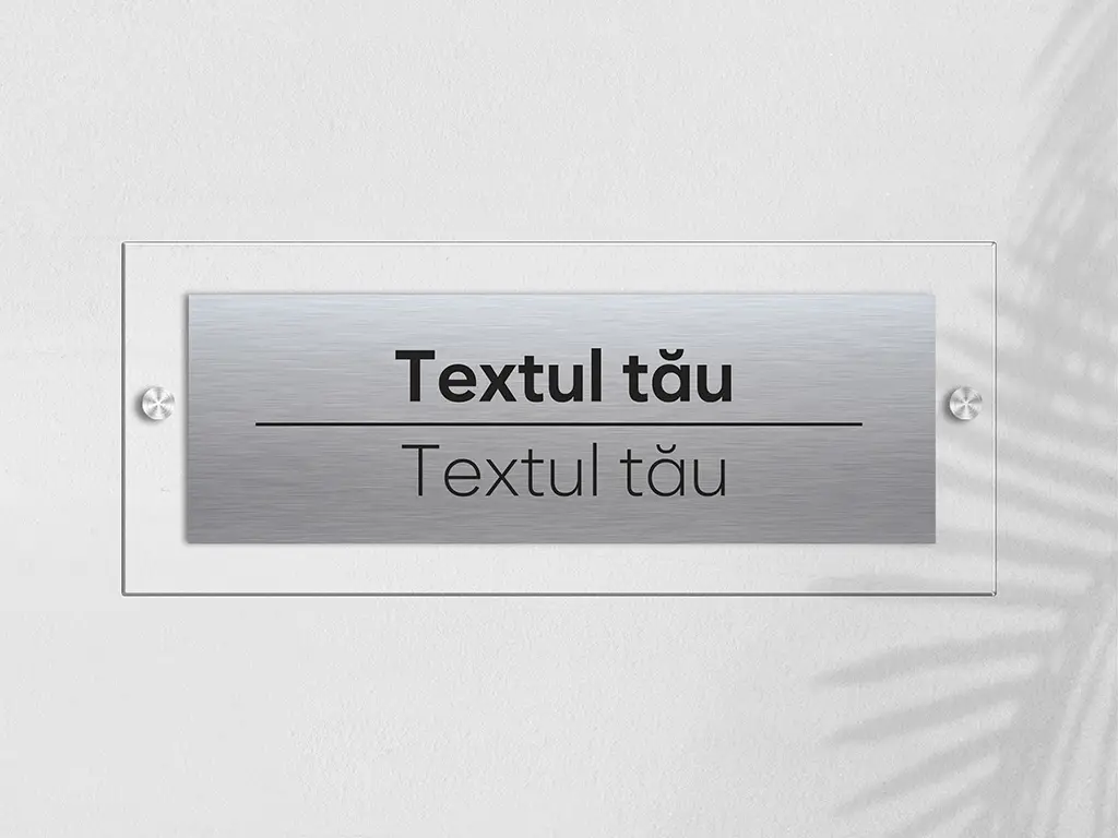 Plăcuță personalizată din bond gravat pe suport din plexiglass, cu text personalizat