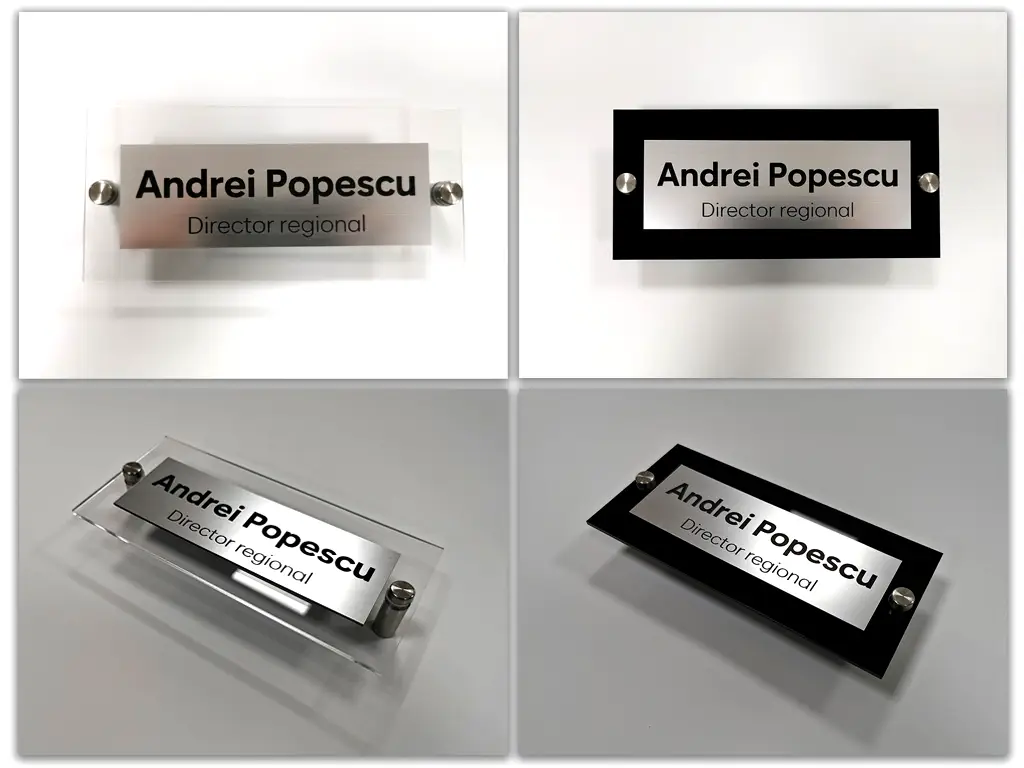 Plăcuță personalizată din bond gravat pe suport din plexiglass, cu text personalizat
