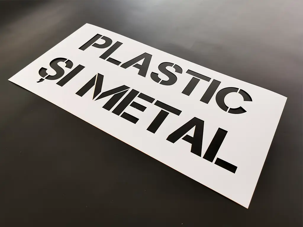 Șablon reutilizabil cu mesajul Plastic și metal pentru colectarea selectivă a deșeurilor pentru containere, tomberoane și pubele, dimensiune la comandă
