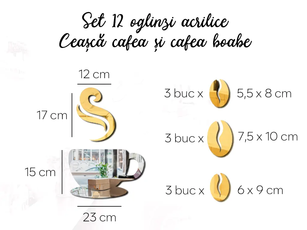 Decoraţiune perete bucătărie, Ceașcă și boabe cafea, set 12 oglinzi acrilice argintii şi aurii