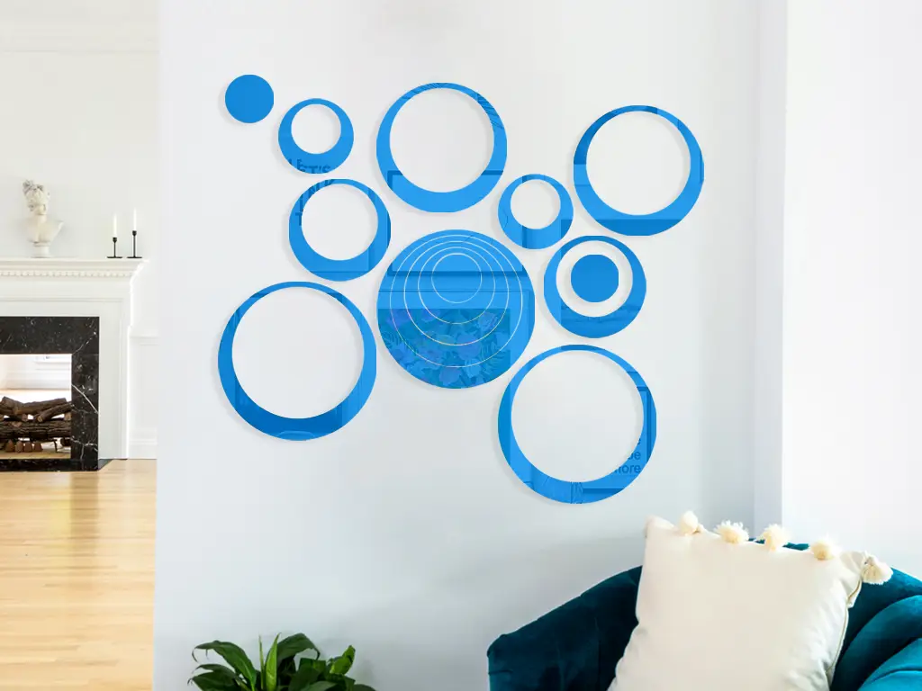 Set 15 stickere oglindă cercuri, Folina, decoraţiune perete din oglindă acrilică albastră