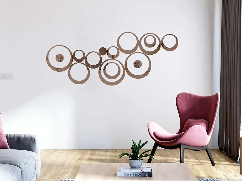 Set 15 stickere oglindă cercuri, Folina, decoraţiune perete din oglindă acrilică bronz