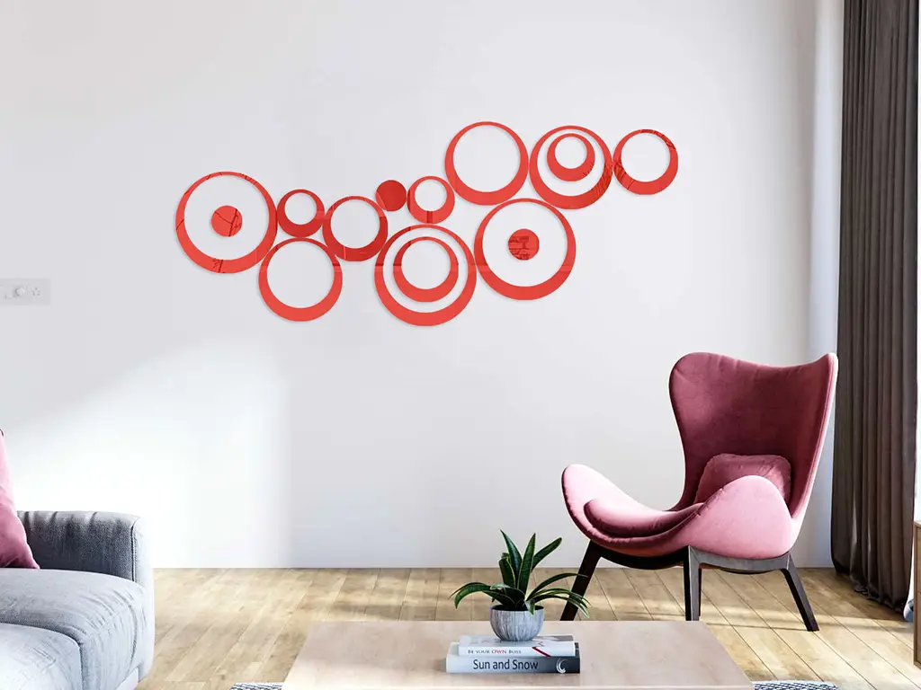 Set 15 stickere oglindă cercuri, Folina, decoraţiune perete din oglindă acrilică roşie