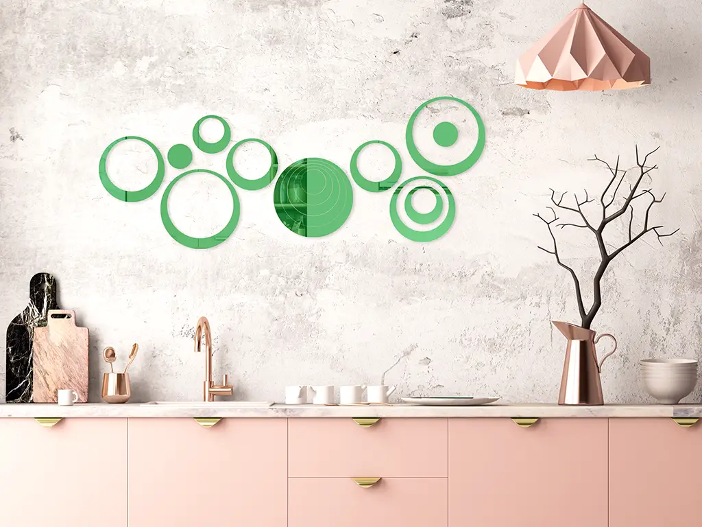 Set 15 stickere oglindă cercuri, Folina, decoraţiune perete din oglindă acrilică verde