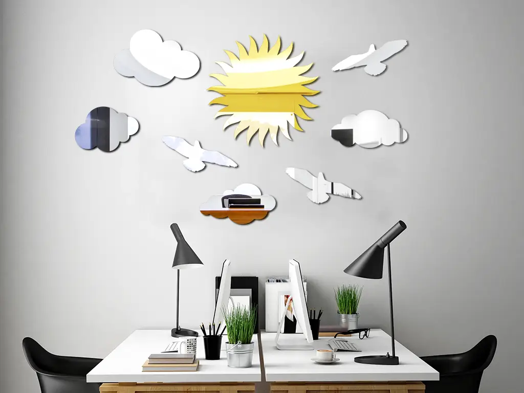 Set 8 stickere oglindă, decoraţiune perete cu soare, nori şi păsări, din oglindă acrilică aurie şi argintie