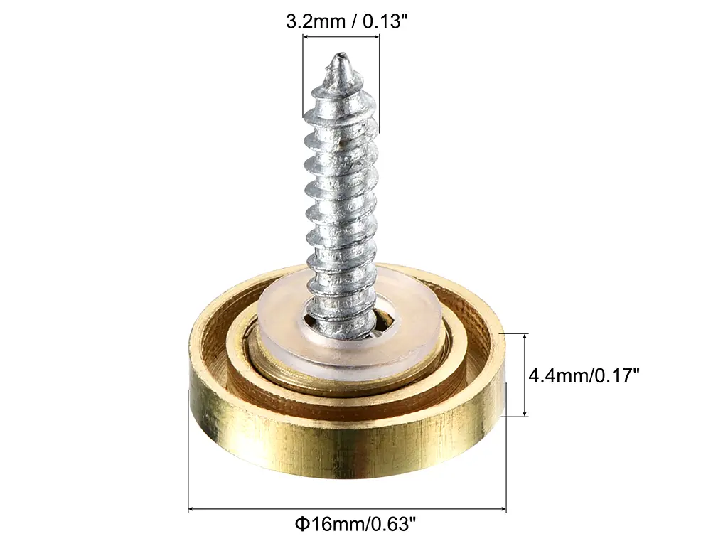 Set din 4 șuruburi cu capac cromat, auriu, pentru plăci acrilice sau oglinzi, diametru cap 16mm