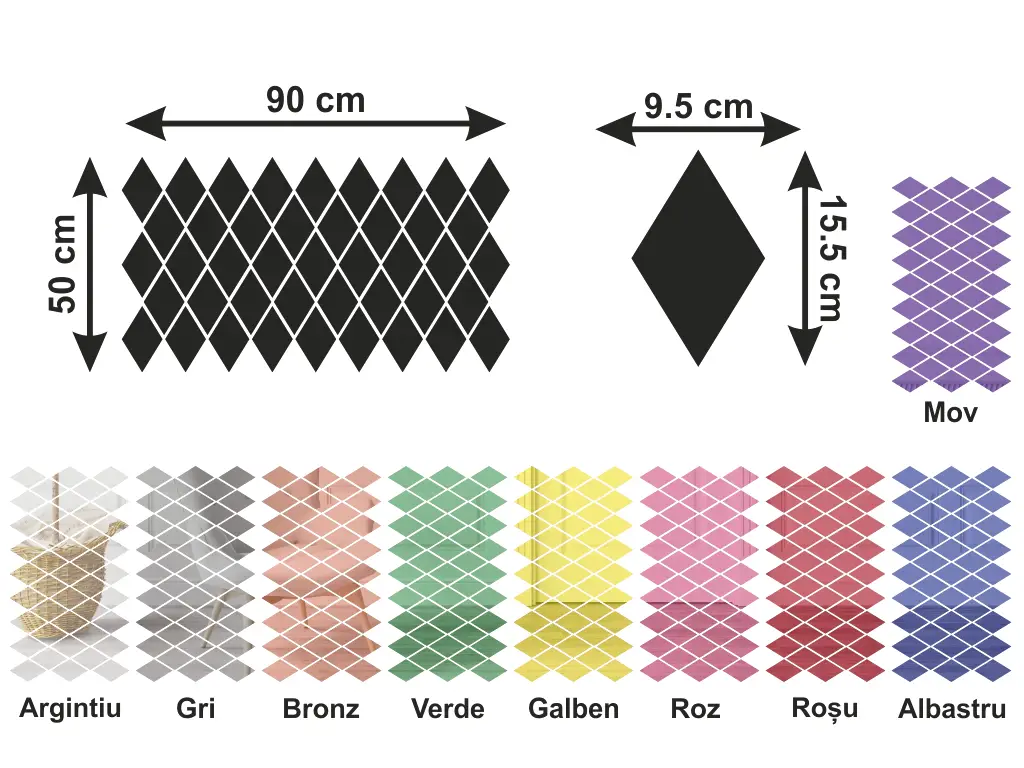 Set 43 Oglinzi acrilice romburi, Folina, argintii, 50x90 cm