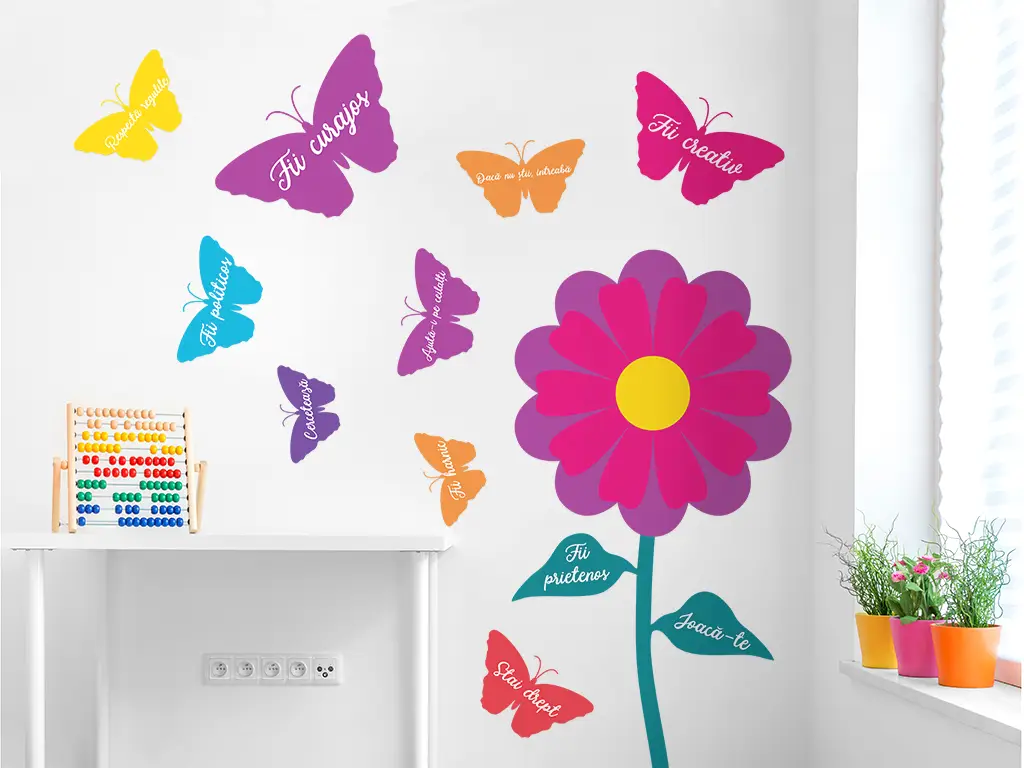 Sticker floare și fluturi cu mesaje, Folina, decor multicolor, 150 cm înălţime, racletă de aplicare inclusă