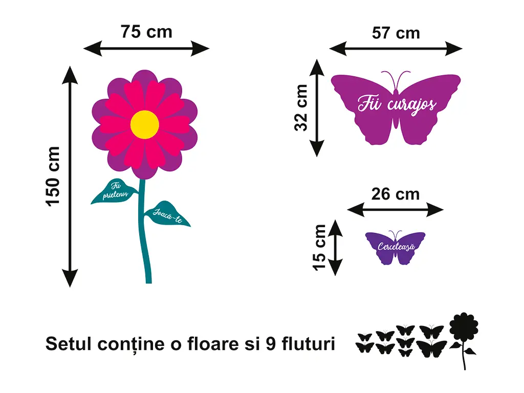 Sticker floare și fluturi cu mesaje, Folina, decor multicolor, 150 cm înălţime, racletă de aplicare inclusă