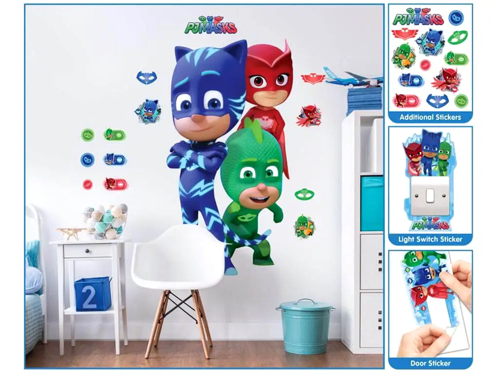 Mega Sticker Eroi în pijama PJ Masks, Walltastic, decorațiune multicoloră, set cu mai multe stickere