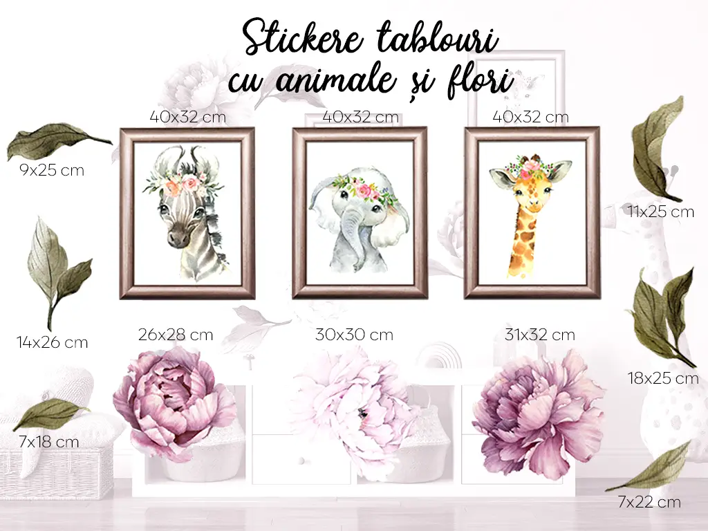 Set stickere tablouri cu animale și flori, Folina, planșă 100x100 cm, racletă de aplicare inclusă
