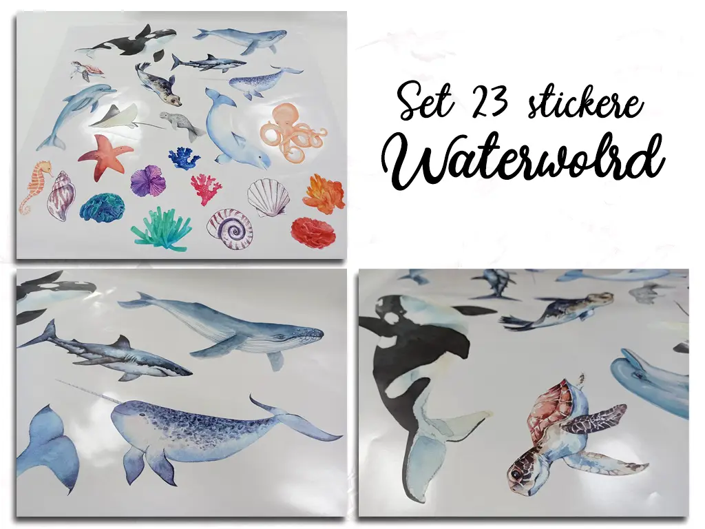 Set 23 stickere Waterworld, decoraţiune cu pești colorați și corali pentru camera copiilor, planșă de 120x120 cm, racletă de aplicare inclusă.