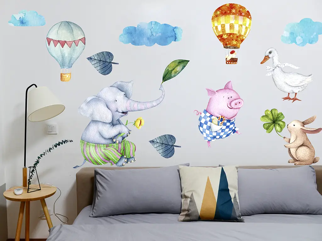 Set 25 stickere Wonderland, decoraţiune cu animale pentru camera copiilor, planșă de 120x120 cm, racletă de aplicare inclusă.