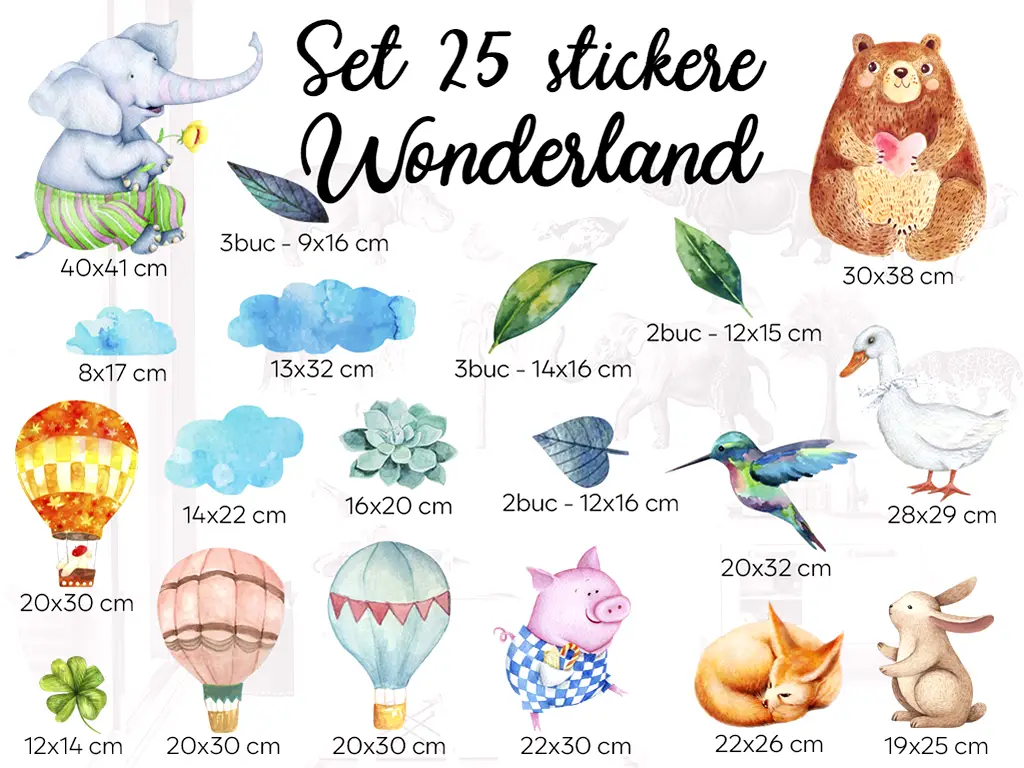 Set 25 stickere Wonderland, decoraţiune cu animale pentru camera copiilor, planșă de 120x120 cm, racletă de aplicare inclusă.