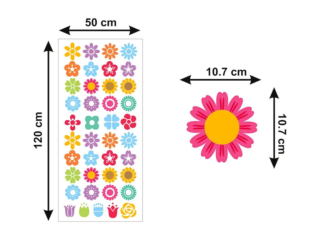 Set stickere perete model flori colorate pentru copii, Folina, planșa 120x50cm, racletă de aplicare inclusă.