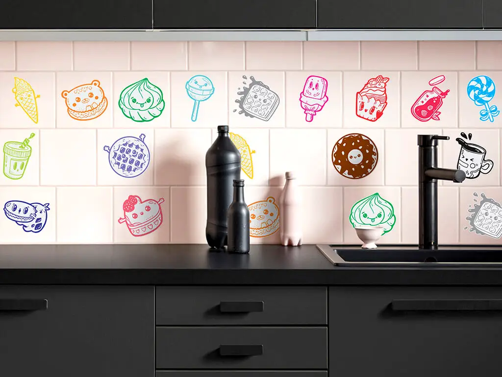 Set 15 stickere faianţă bucătărie, Folina, model dulciuri, multicolor