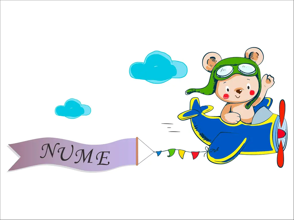 Sticker avion cu banner nume copil, Folina, decorațiune pentru copii, sticker autoadeziv, racletă de aplicare inclusă.