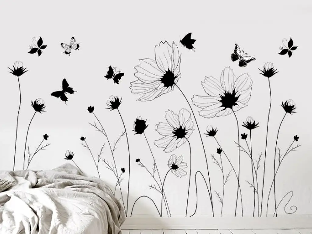 Sticker perete Flora, flori grafice şi fluturi negri, 62x85 cm