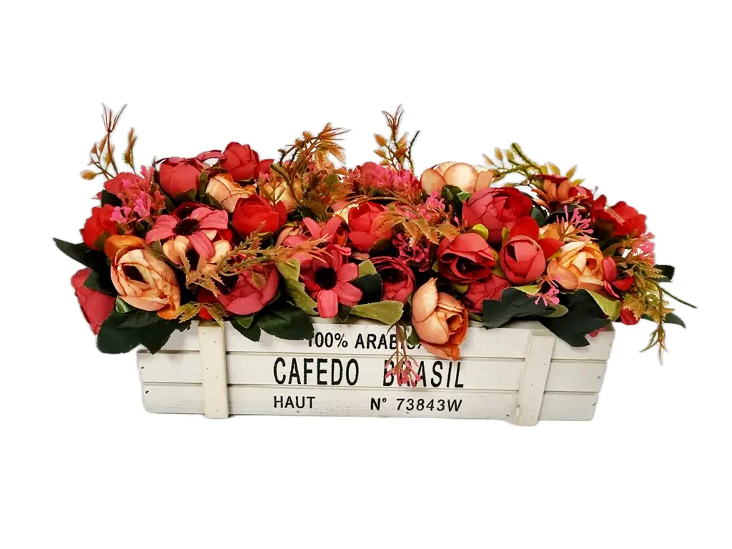 Aranjament cu flori artificiale, bujori în cutie din lemn alb, 33x15cm