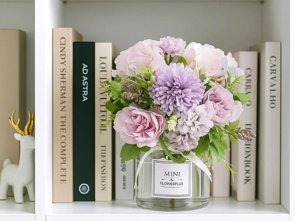 Aranjament flori artificiale lila în vas din sticlă, 23 cm