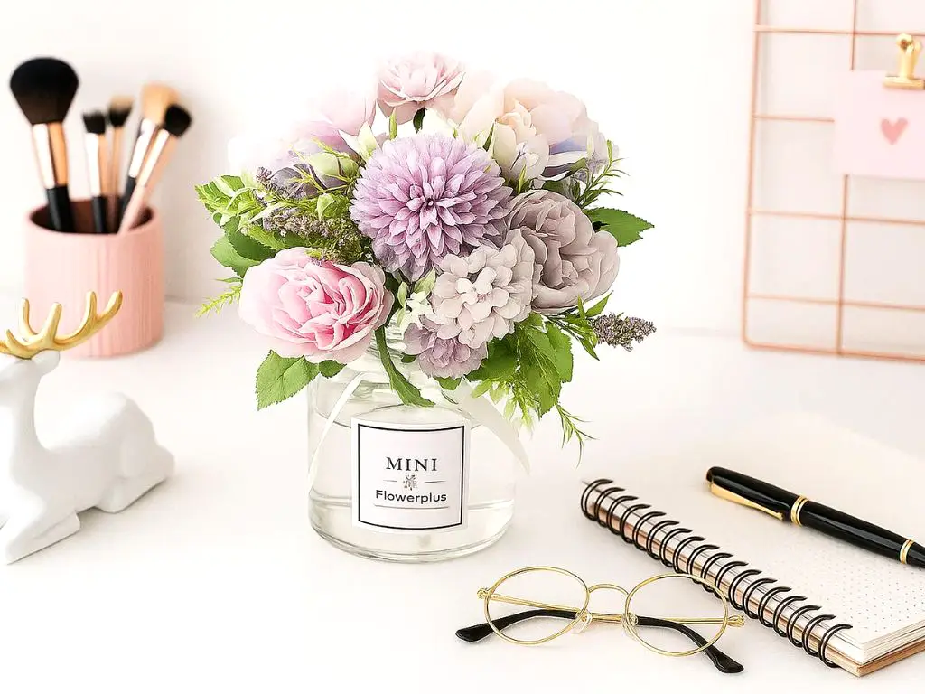 Aranjament flori artificiale lila în vas din sticlă, 23 cm