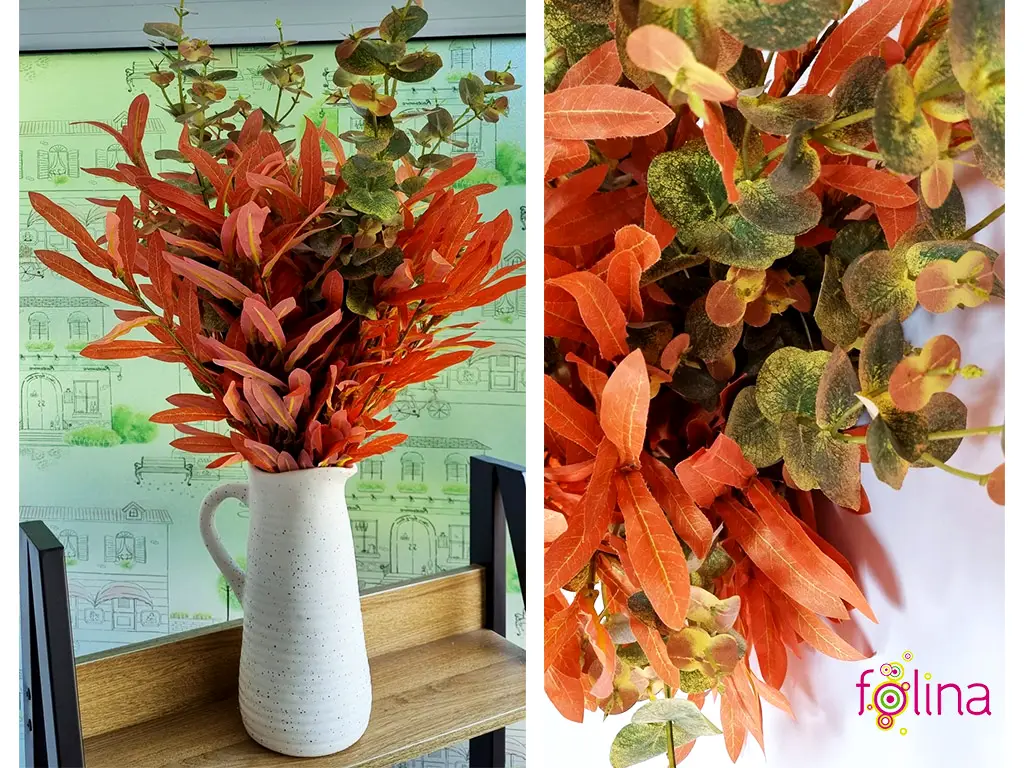 Buchet plante decorative artificiale, crengi cu frunze cărămizii, 50 cm înălţime