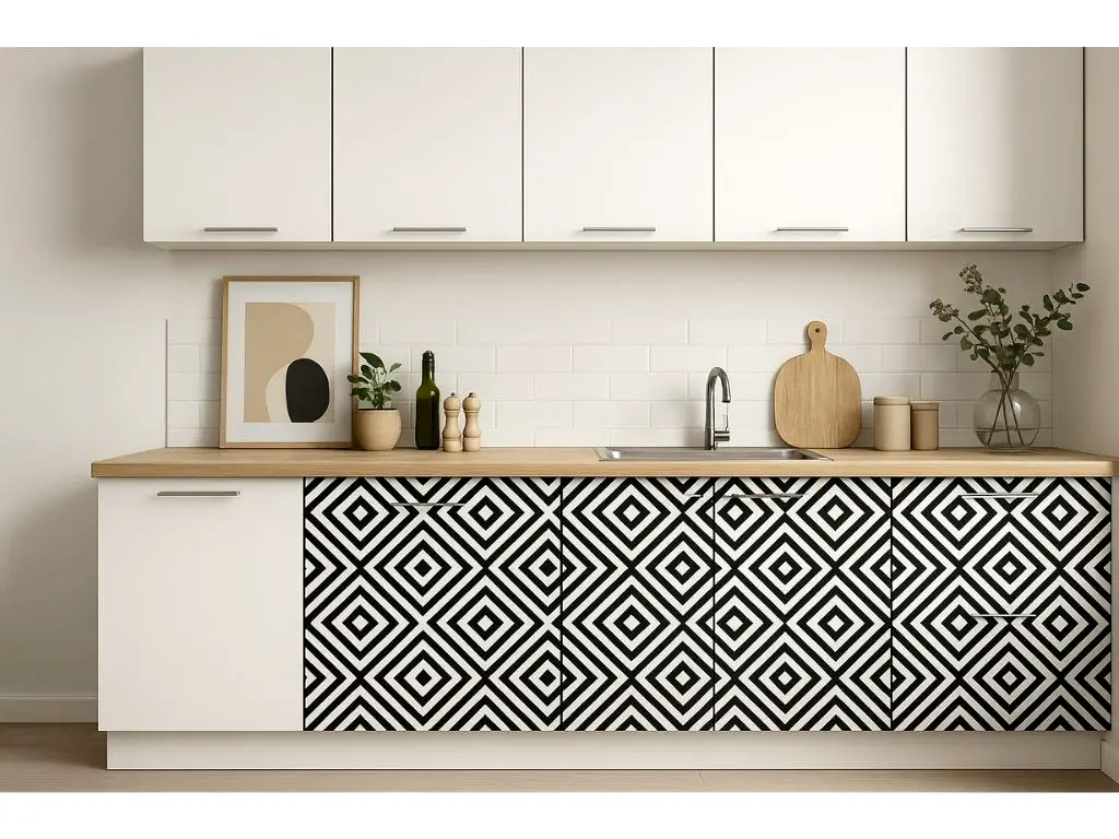 Autocolant decorativ alb cu romburi negre – model geometric modern, rolă 100 cm lățime