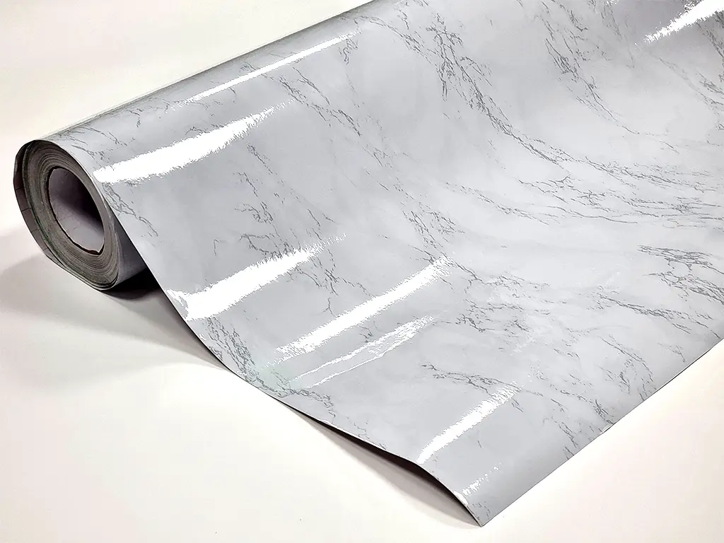 Autocolant blat masă, imitaţie marmură gri, aspect lucios, 120 cm lăţime