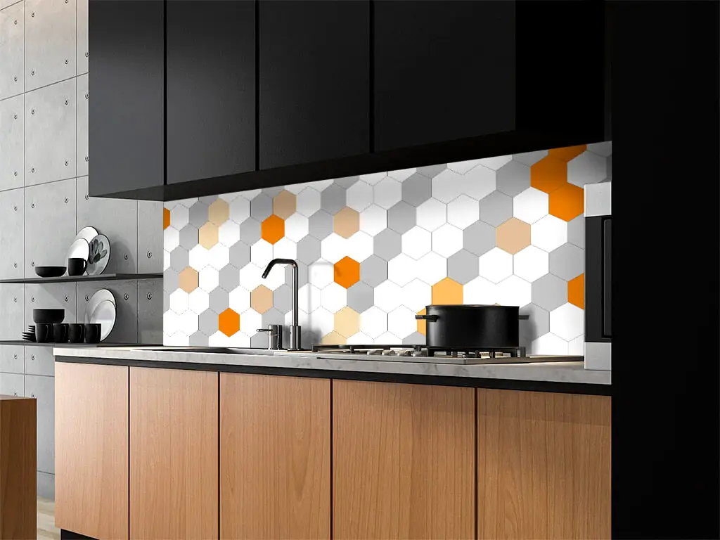 Autocolant perete, Folina, model cu hexagoane portocalii, rezistent la apă şi căldură, rolă de 67x200 cm