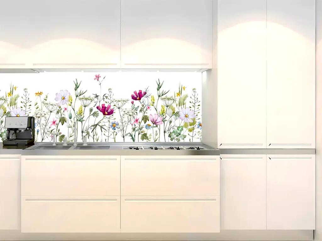 Autocolant perete bucătărie, Dimex, alb cu model floral multicolor, rezistent la apă şi căldură, rolă de 60x350 cm