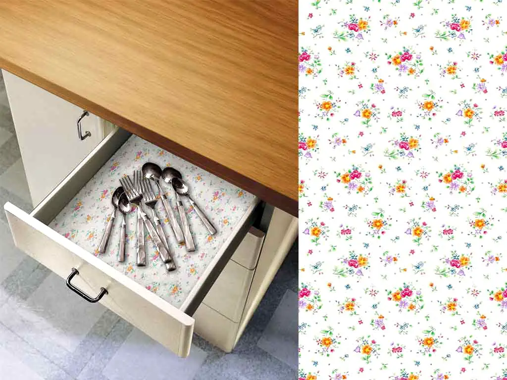 Autocolant decorativ Sunflor, d-c-fix, alb cu model floral colorat, rolă de 45x200 cm 