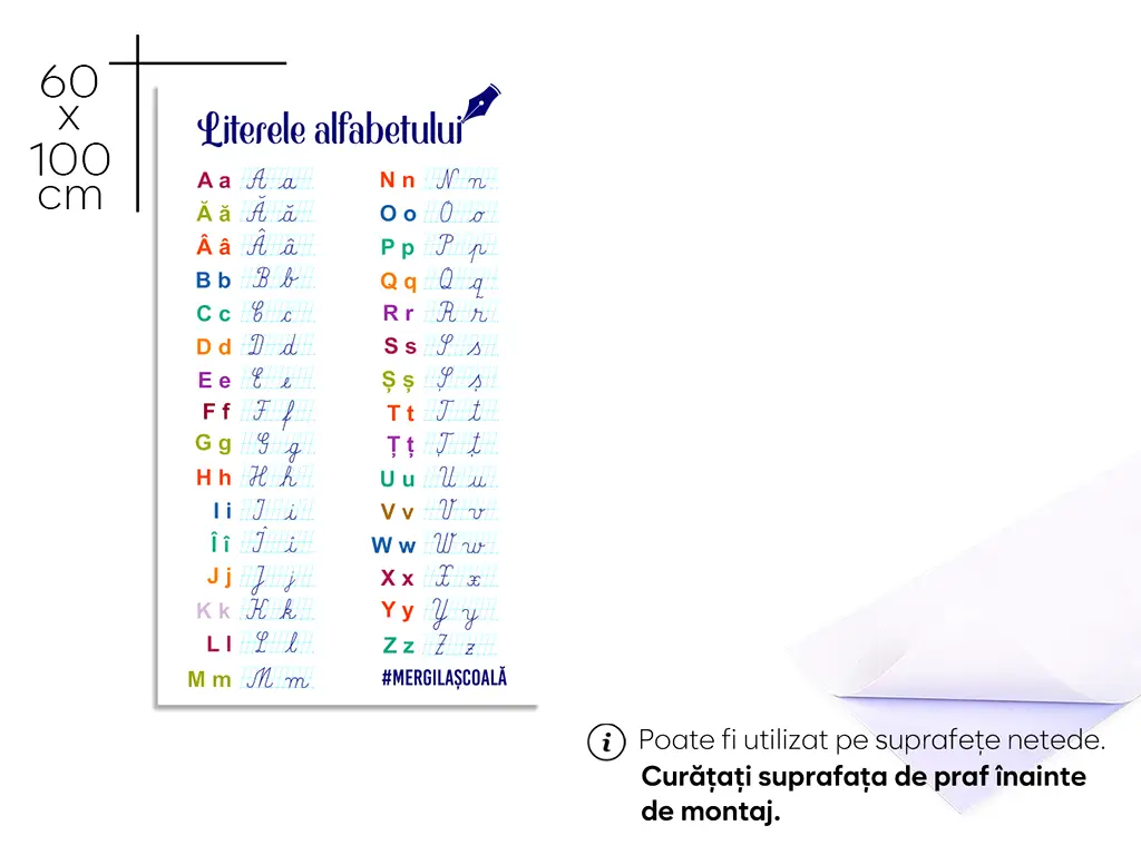 Autocolant educativ cu Literele alfabetului, Folina, rola de 60x100 cm, racletă de aplicare inclusă