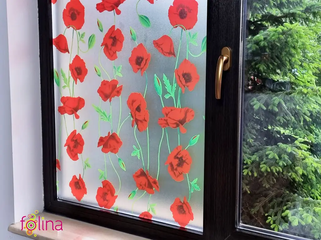 Folie geam autoadezivă, Folina Maci, sablare cu imprimeu floral roşu, 90 cm lățime