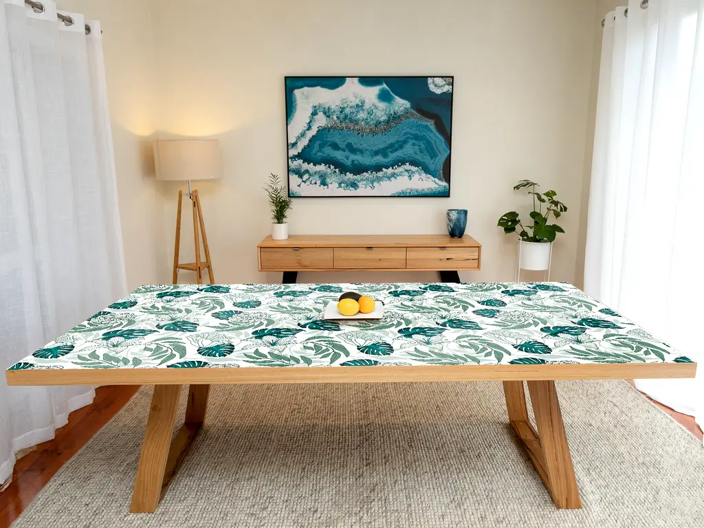 Autocolant blat masă, model frunze tropicale, 100 x 200 cm, racletă inclusă
