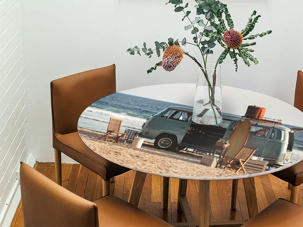 Autocolant blat masă, model plajă vintage, 100 x 200 cm, racletă inclusă