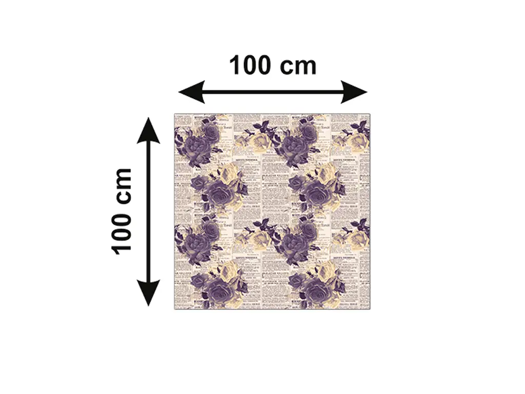 Autocolant blat masă, model ziar cu flori violet, 100 x 100 cm, racletă inclusă