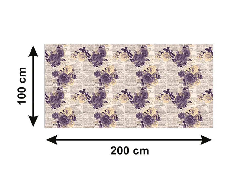 Autocolant blat masă, model ziar cu flori violet, 100 x 200 cm, racletă inclusă