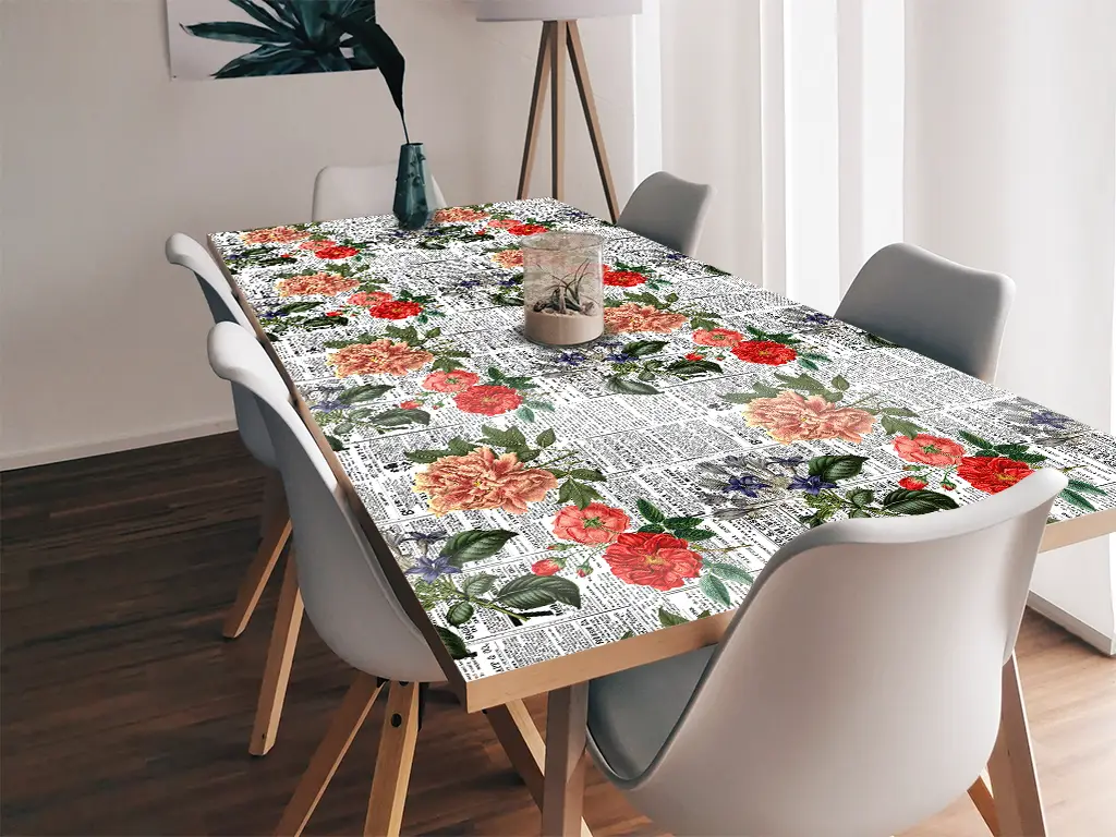 Autocolant blat masă, model ziar cu flori multicolor, 100 x 200 cm, racletă inclusă