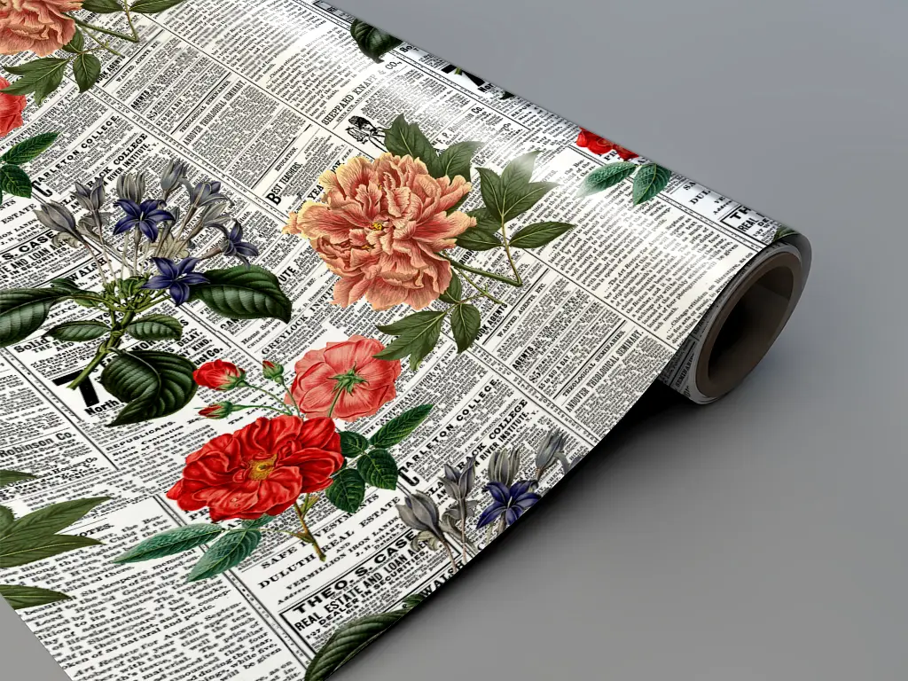 Autocolant blat masă, model ziar cu flori multicolor, 100 x 200 cm, racletă inclusă