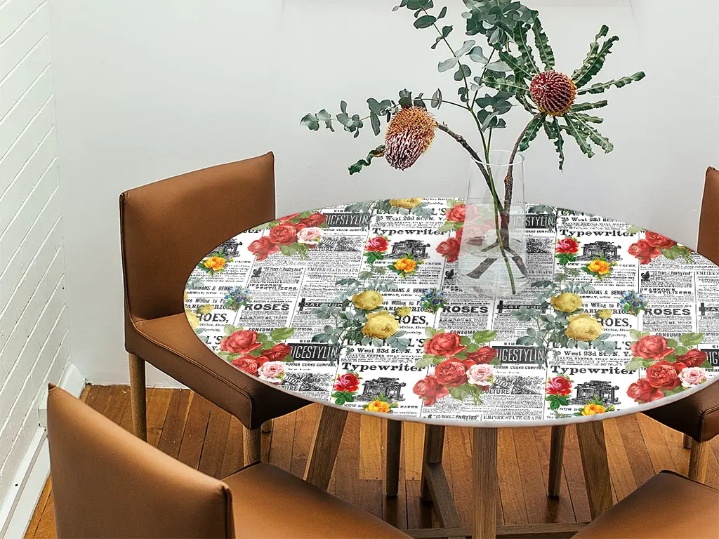 Autocolant blat masă, model ziar cu flori roșii și galbene, 100 x 200 cm, racletă inclusă