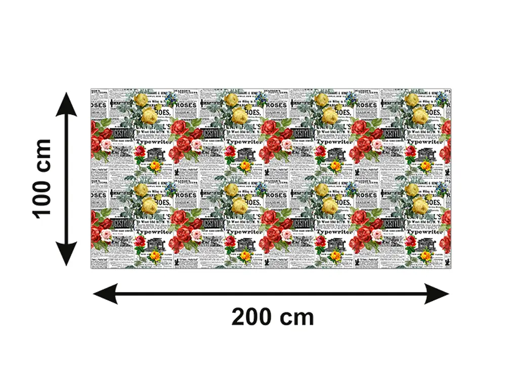 Autocolant blat masă, model ziar cu flori roșii și galbene, 100 x 200 cm, racletă inclusă